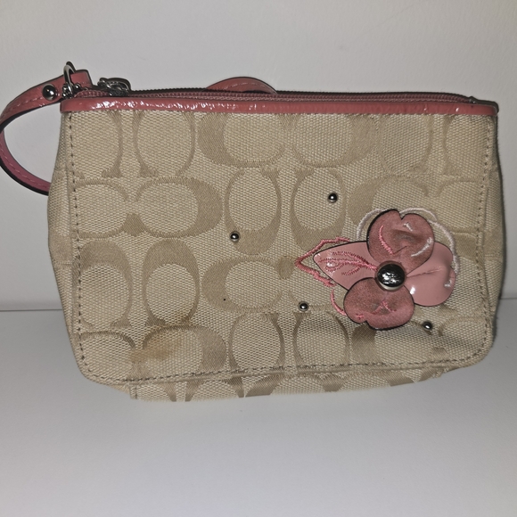 Coach Signature Beige Wristlet with Pink Floral Accent - Picture 1 of 2